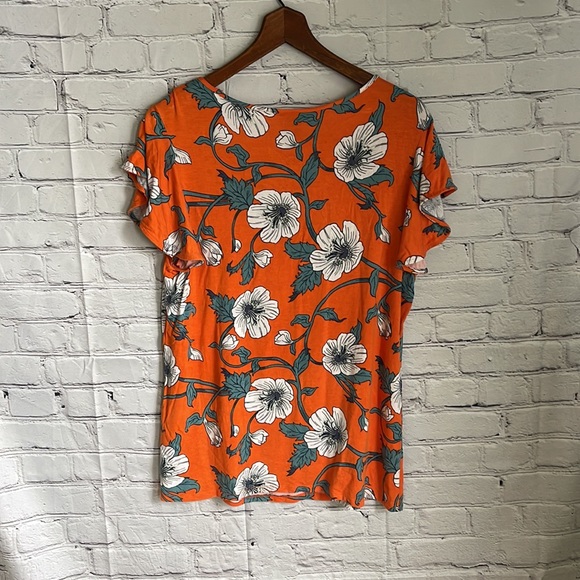 Ann Taylor Factory Orange, Grey, White Tropcal Print Tee Shirt Size L - Picture 3 of 4